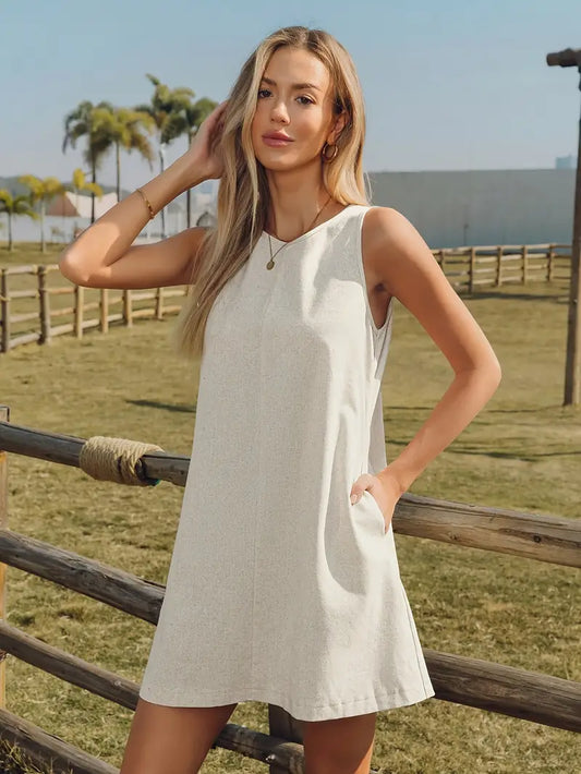 Amara Elegant Beige Sleeveless Midi Dress with Pockets