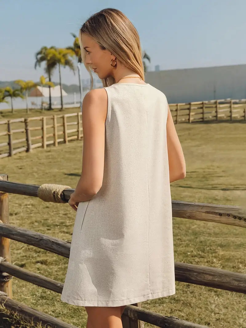 Amara Elegant Beige Sleeveless Midi Dress with Pockets