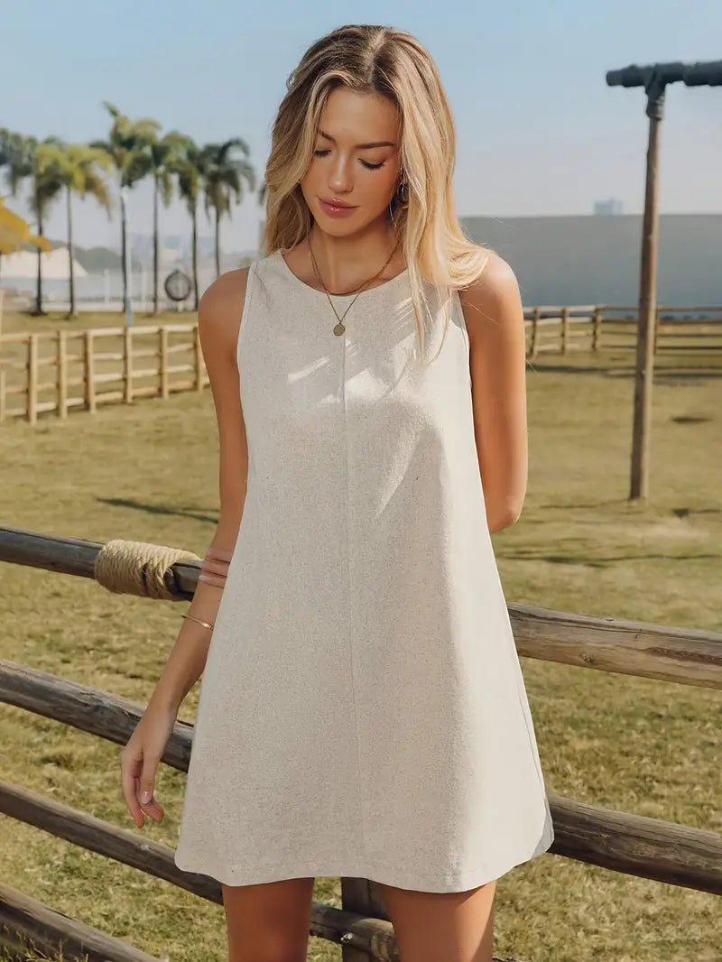 Amara Elegant Beige Sleeveless Midi Dress with Pockets